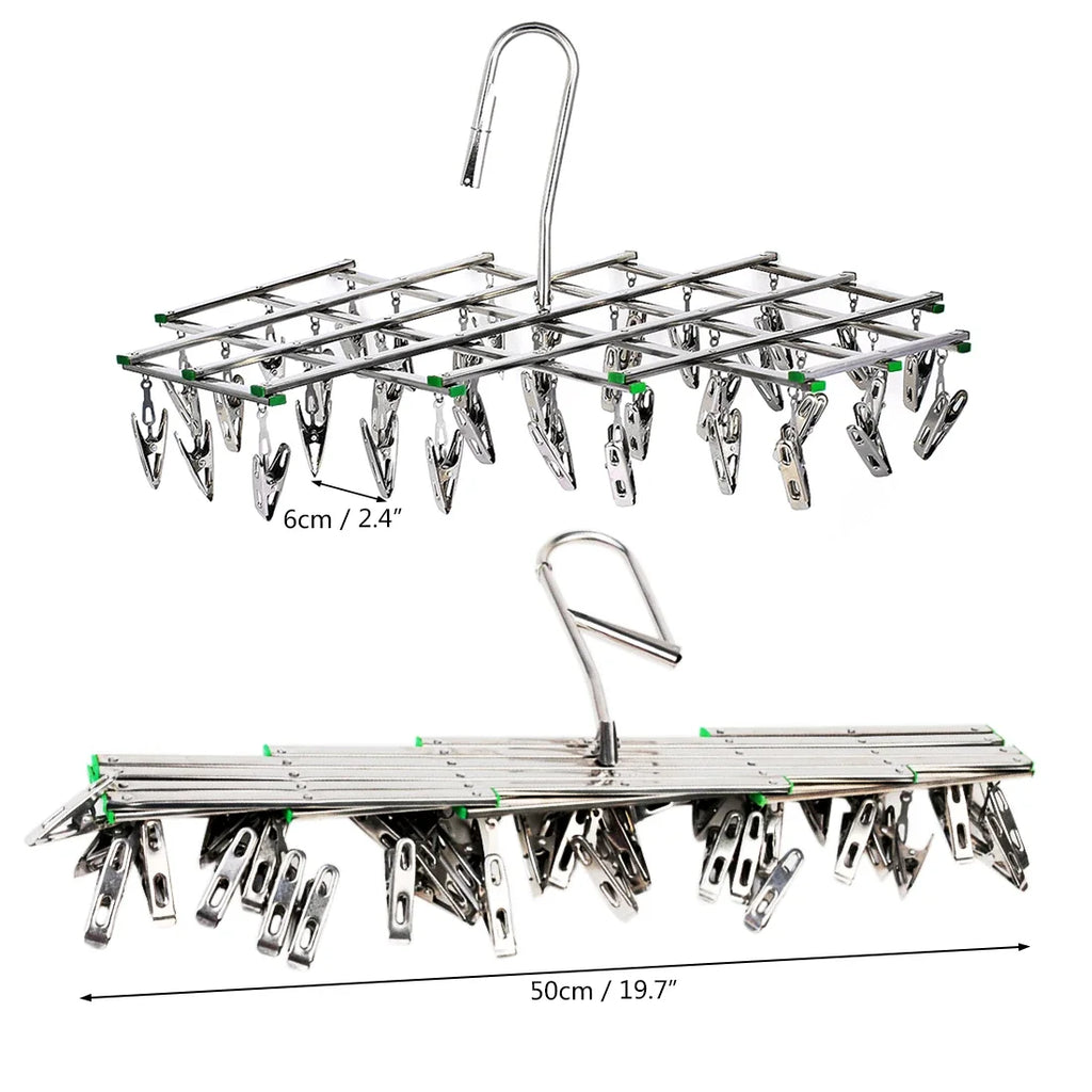 folding drying rack showing size, unfolded and folded positions