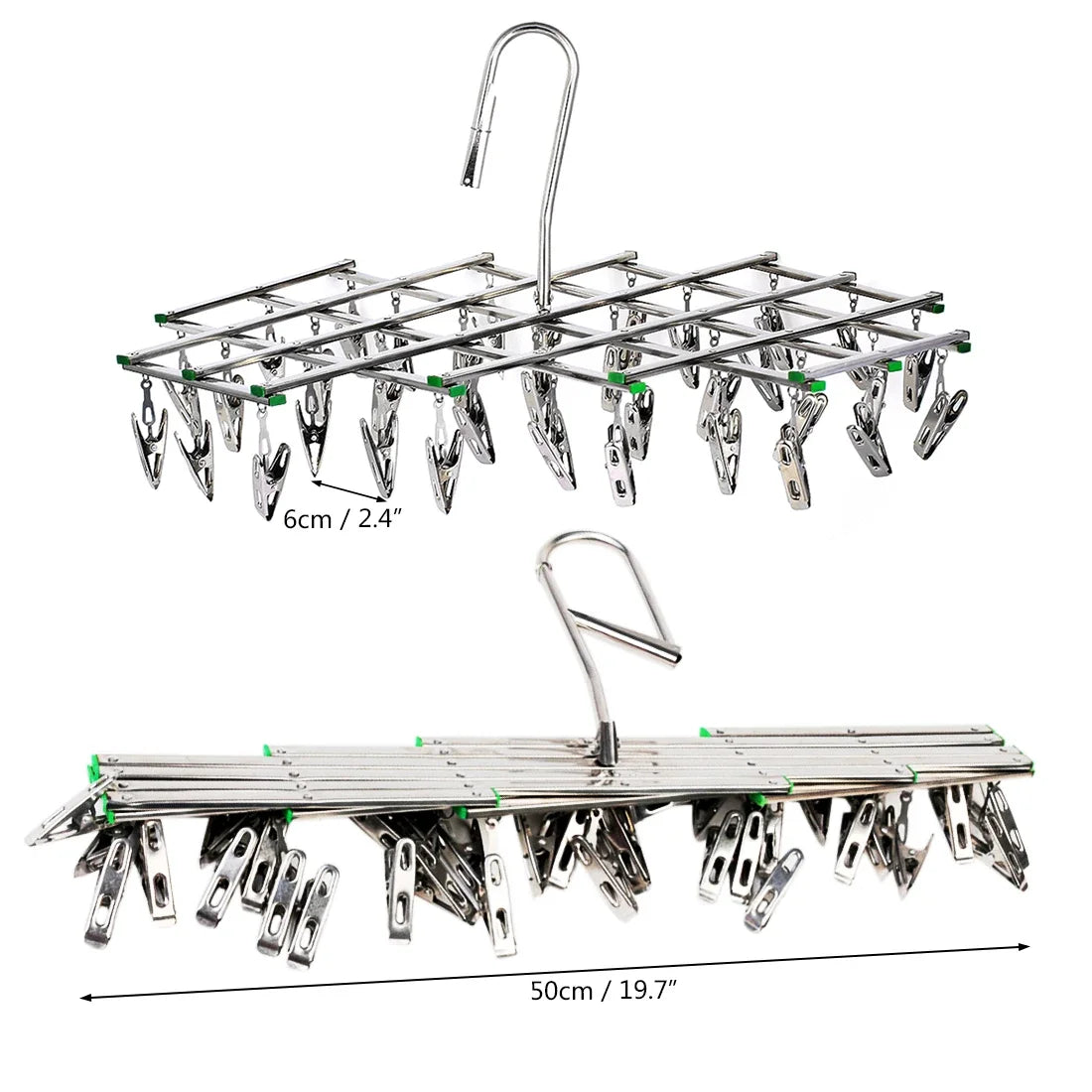 folding drying rack showing size, unfolded and folded positions