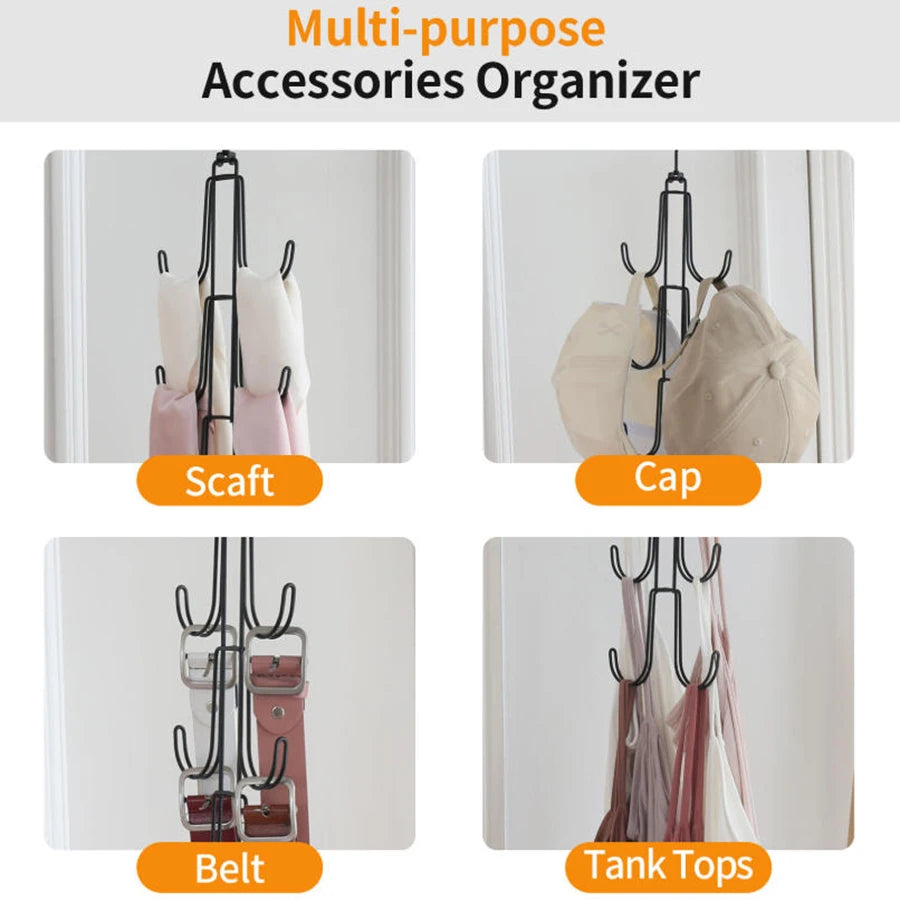 Multi-purpose metal accessories organizer in use for scarves, caps, belts, and tank tops