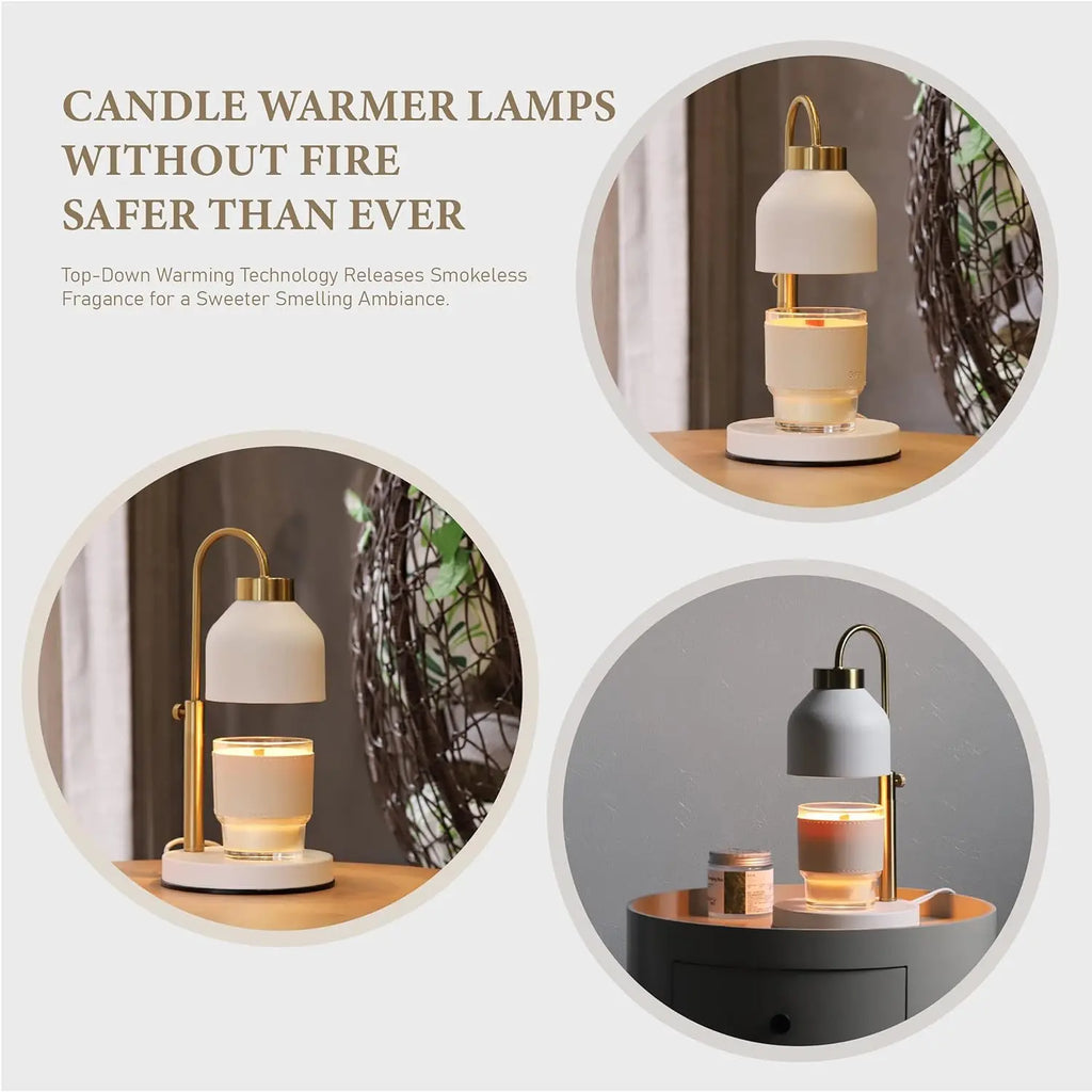 Three views of a candle warmer lamp in use on a tabletop, showing different decor settings