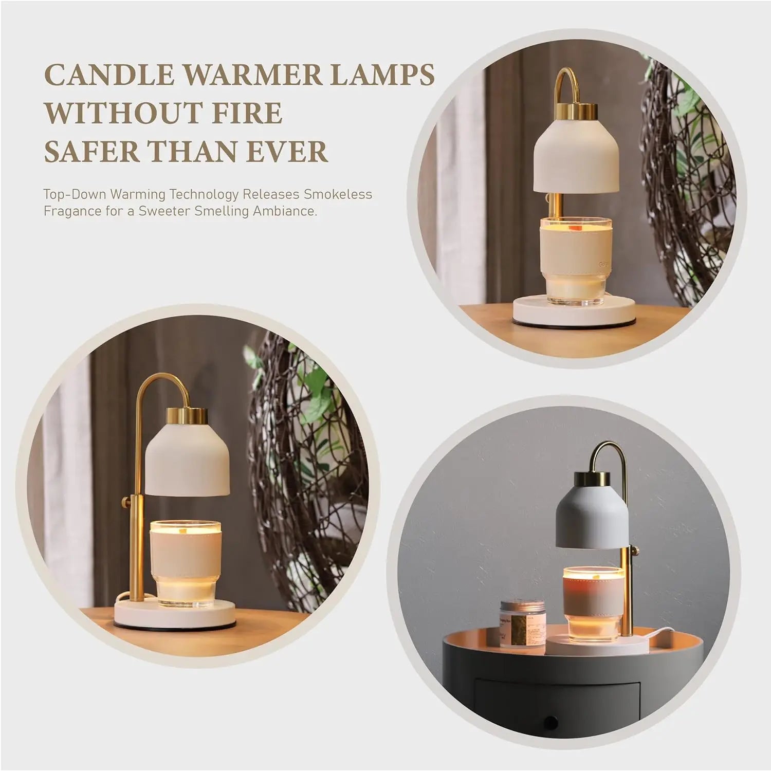 Three views of a candle warmer lamp in use on a tabletop, showing different decor settings