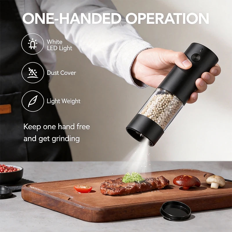 hand using the electric grinder over steak demonstrating one-handed operation feature