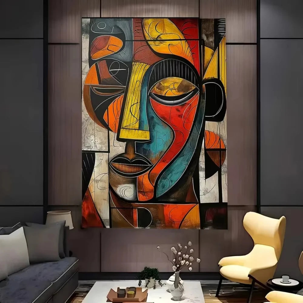 Contemporary living space with vibrant abstract face tapestry on feature wall