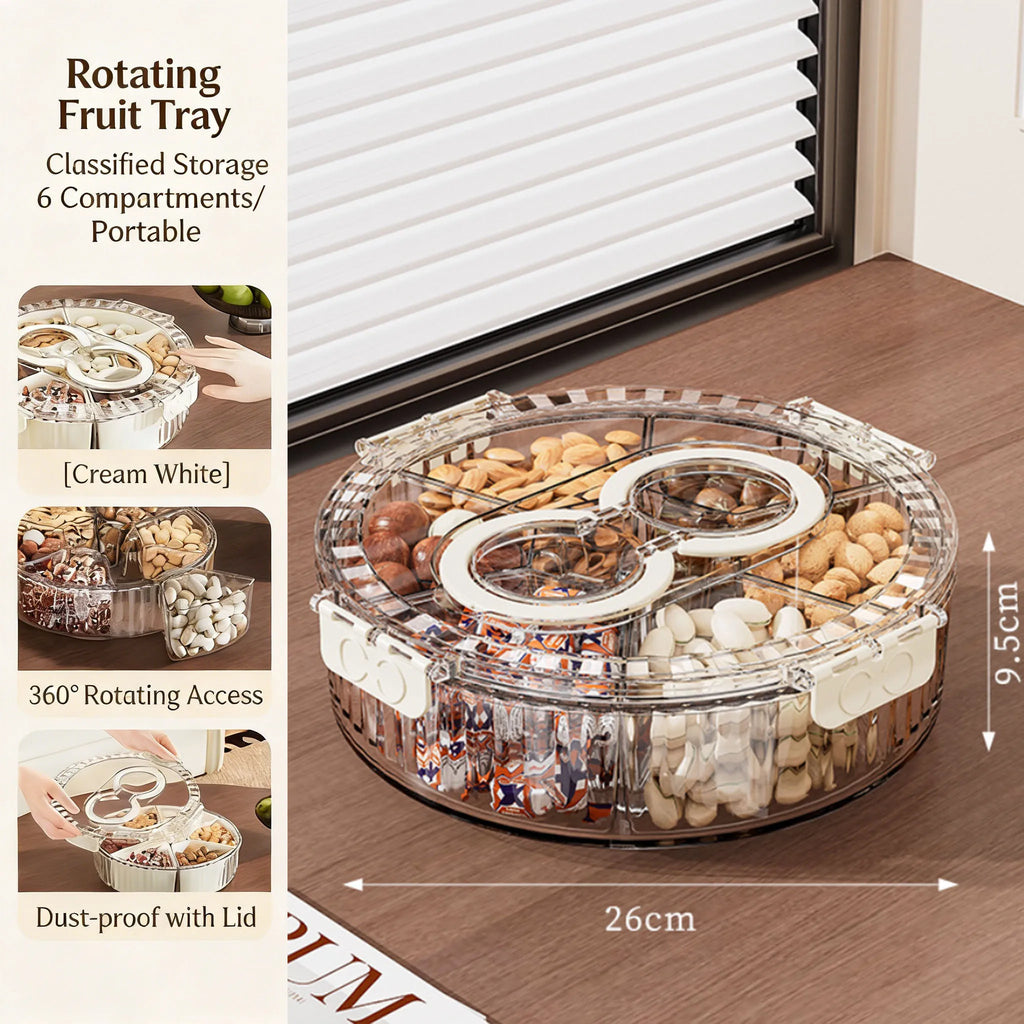 Divided Rotating Snack and Fruit Tray with Lid — Portable BPA-Free Organizer for Entertaining & Kitchen Storage