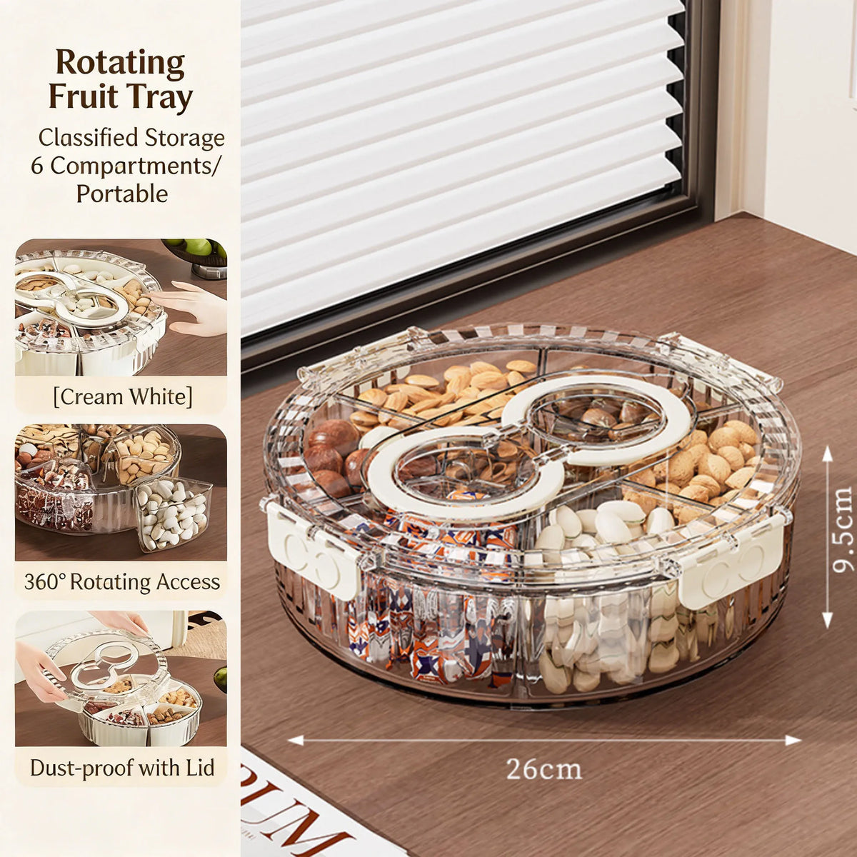 Divided Rotating Snack and Fruit Tray with Lid — Portable BPA-Free Organizer for Entertaining & Kitchen Storage