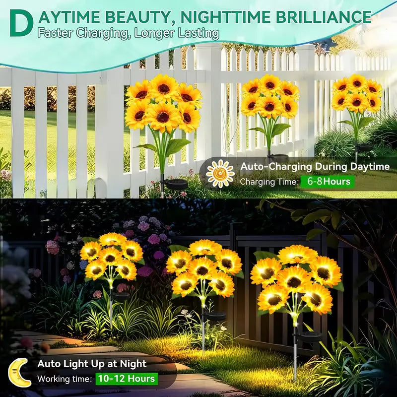 day and night comparison showing solar sunflower pathway lights in a garden