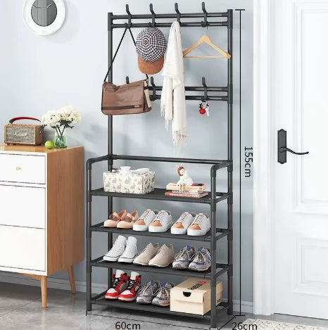 Metal Entryway Organizer Rack with 3–5 Shelves & 8 Hooks for Shoes, Coats, Hats, and Accessories