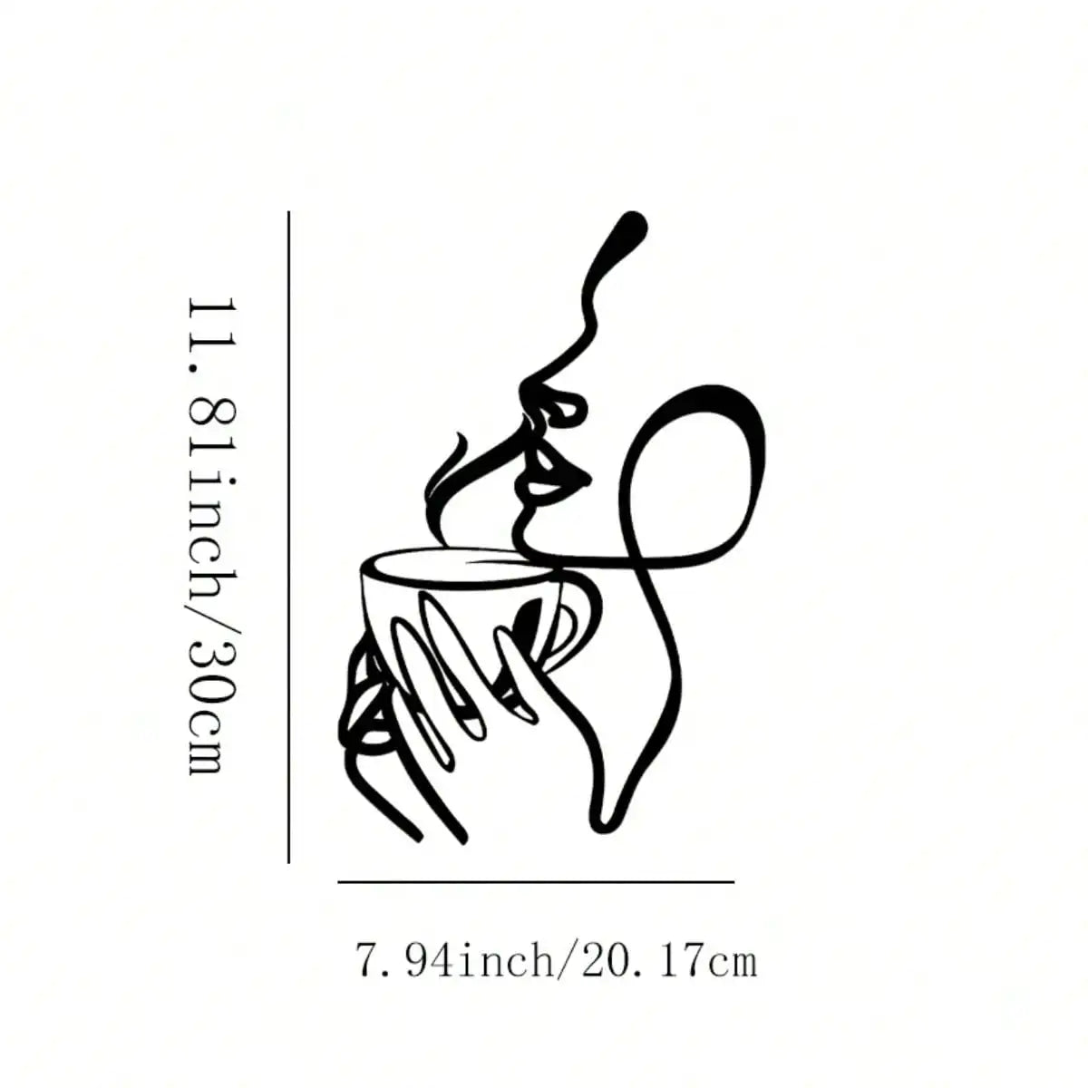 Dimensions illustration of woman line art metal wall decor, labeled 30cm x 20cm