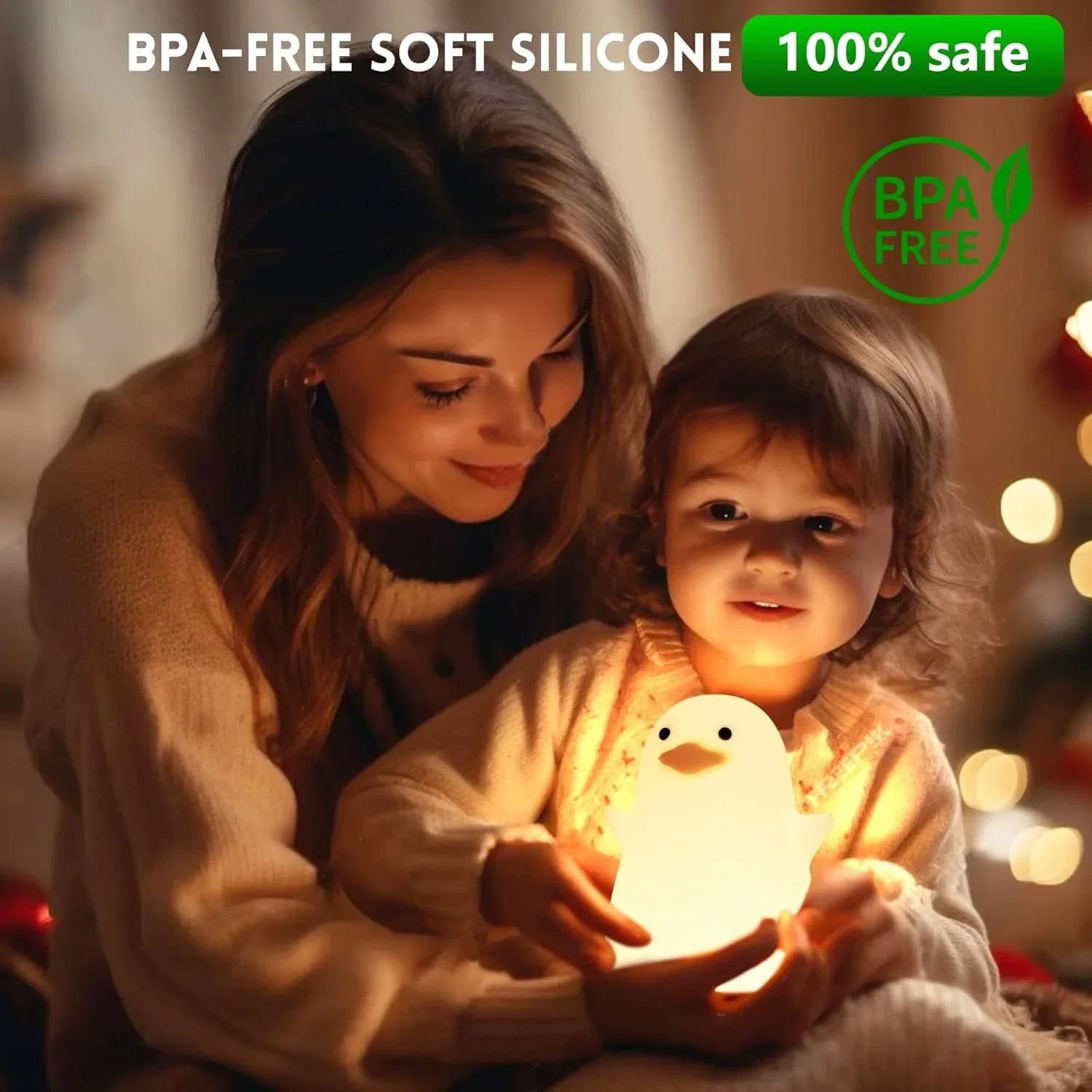 Mother and child holding soft silicone duck night light in a cozy setting, BPA free label visible