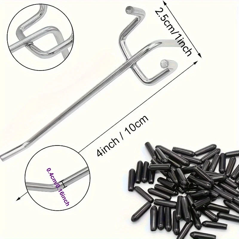 closeup dimension diagram of one pegboard hook with pile of black end caps