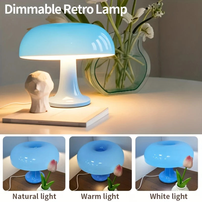 Sky blue mushroom table lamp on nightstand with three lighting modes: natural, warm, and cool white