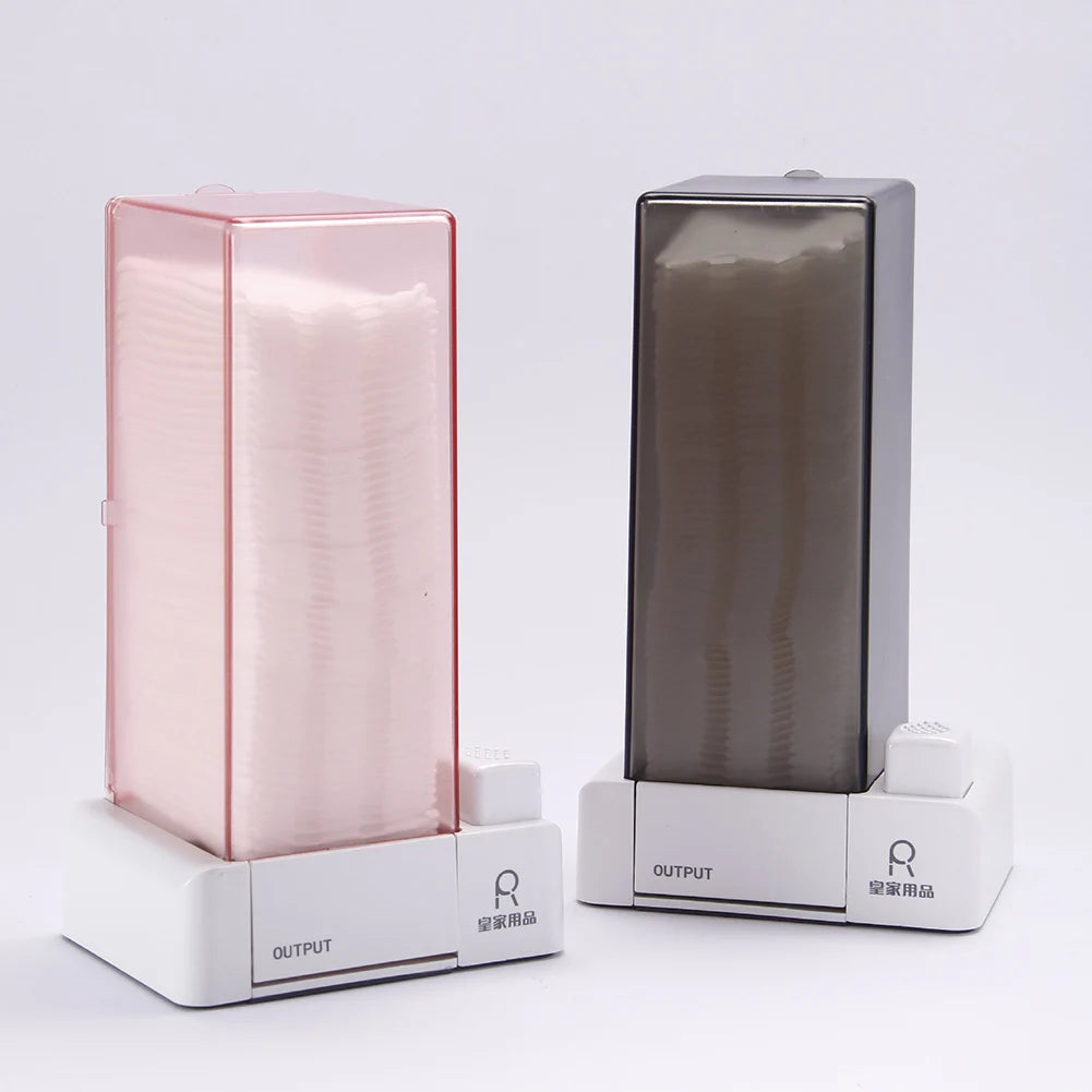 Automatic Cotton Pad Dispenser for Bathroom or Vanity, Semi-Transparent PC, Wall-Mountable, Pink or Grey