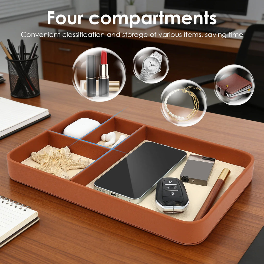 Brown PU leather catchall tray on desk with makeup and accessories nearby