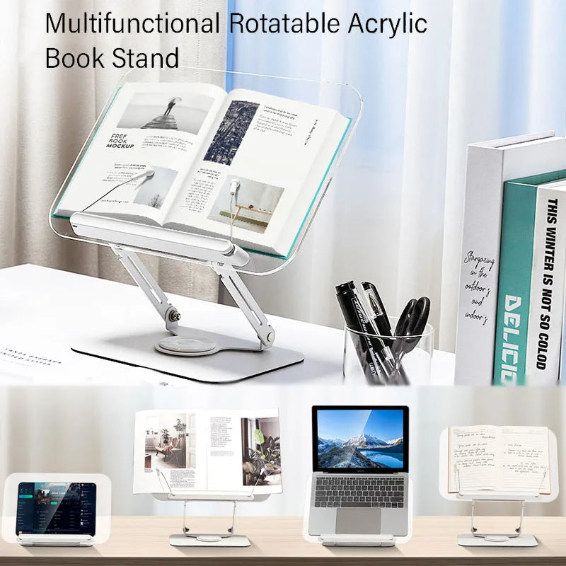 Acrylic adjustable book stand holding an open book on a desk, also shown with a laptop and tablet
