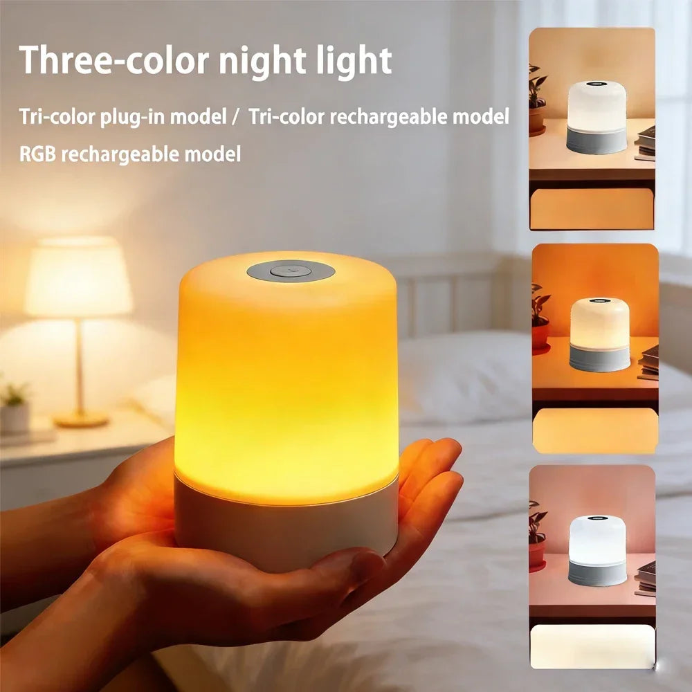 Three-color LED night light shown with warm and cool light settings in a bedroom