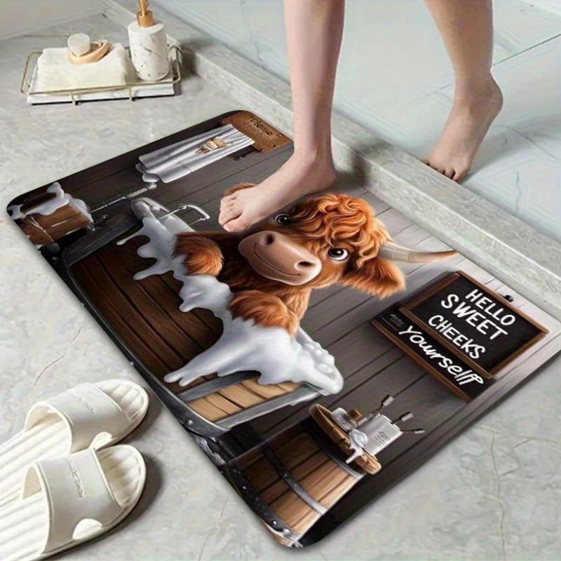 person stepping onto a highland cow bath mat on a bathroom floor