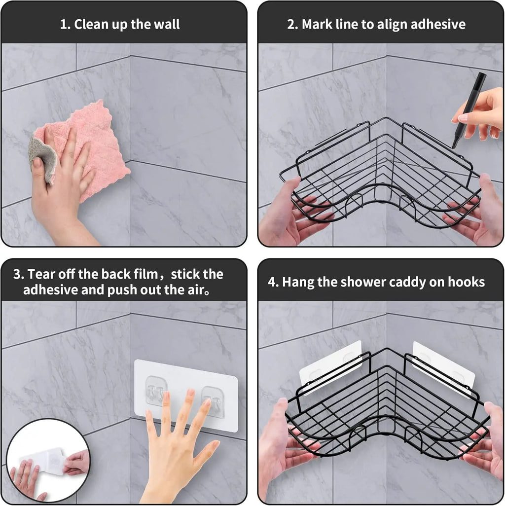 Wall-Mounted Corner Shelf with Removable Hooks for Shower or Kitchen