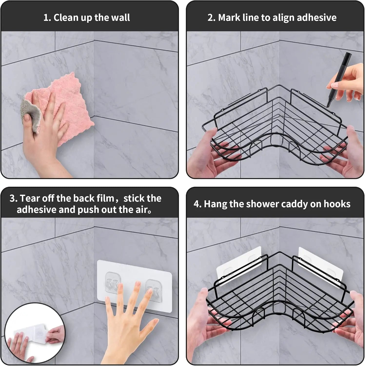 Wall-Mounted Corner Shelf with Removable Hooks for Shower or Kitchen
