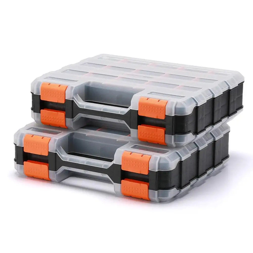 Stacked double-sided hardware organizer boxes with orange latches, closed