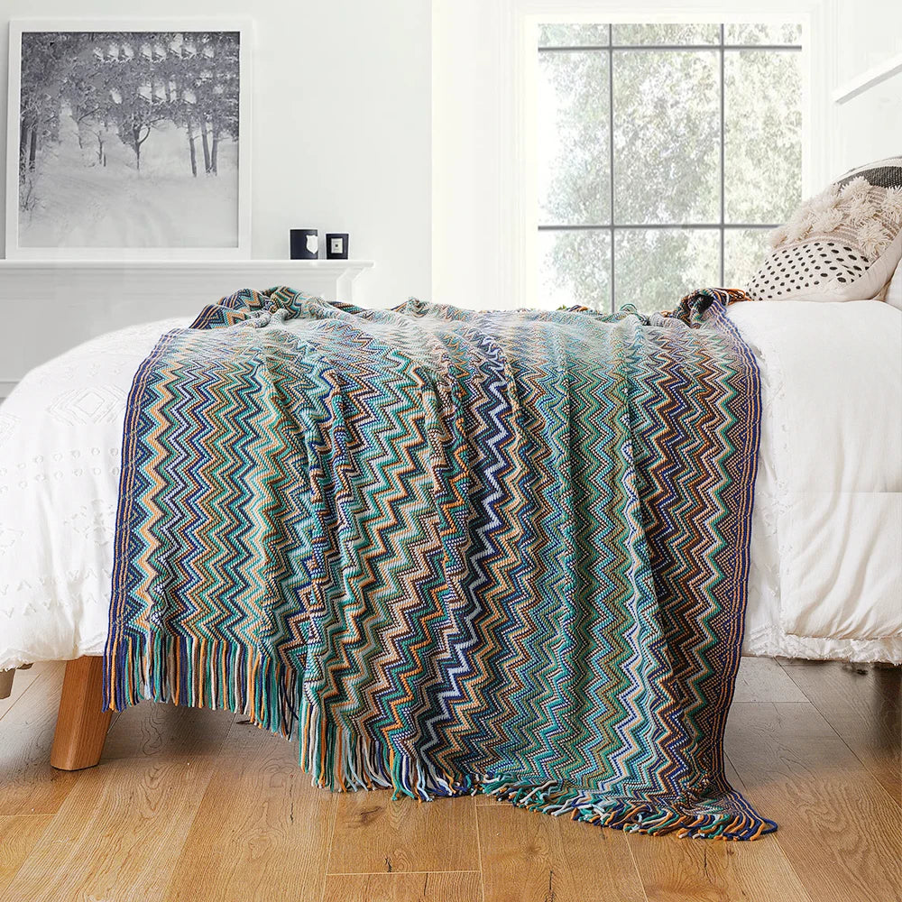 Boho Knit Throw Blanket with Tassels for Sofa or Bed