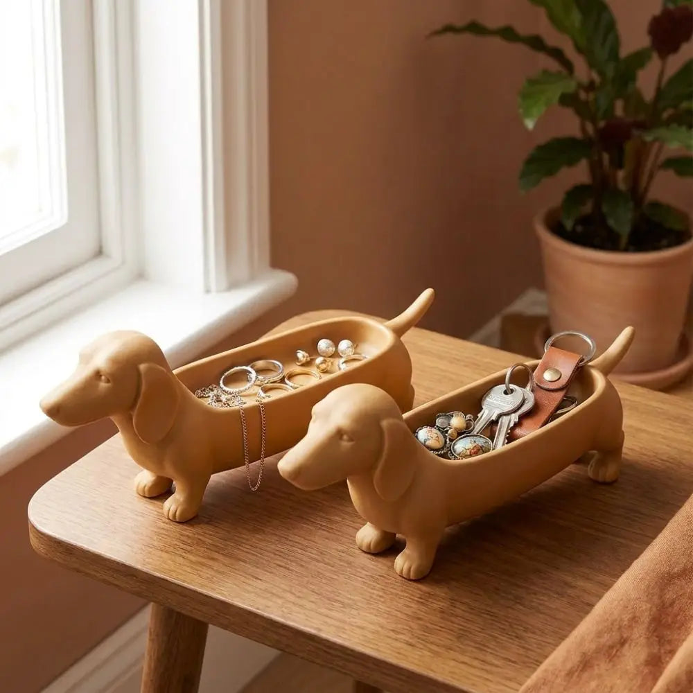Two brown dachshund-shaped trays on a wood table, holding jewelry and keys
