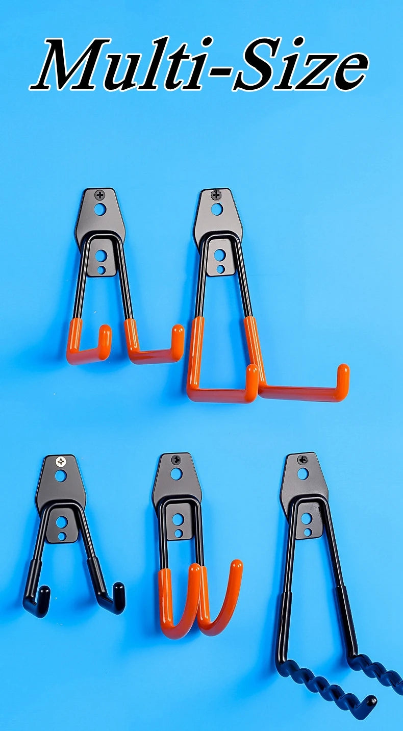 assorted metal wall hooks in various shapes and sizes for garage and shed use