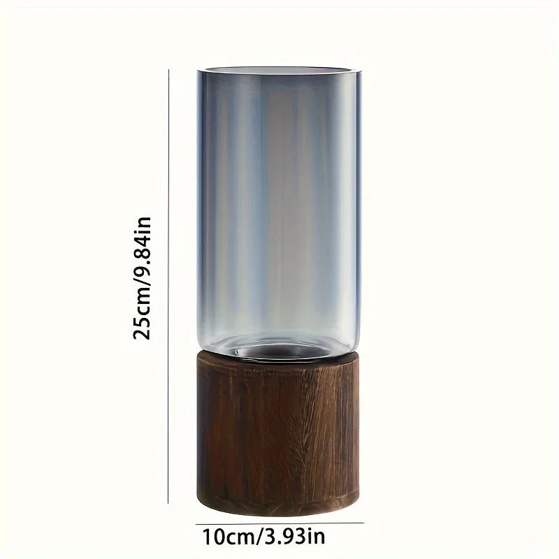 Arlen Smoked Glass Vase with Wood Base – Living Room Table Decor