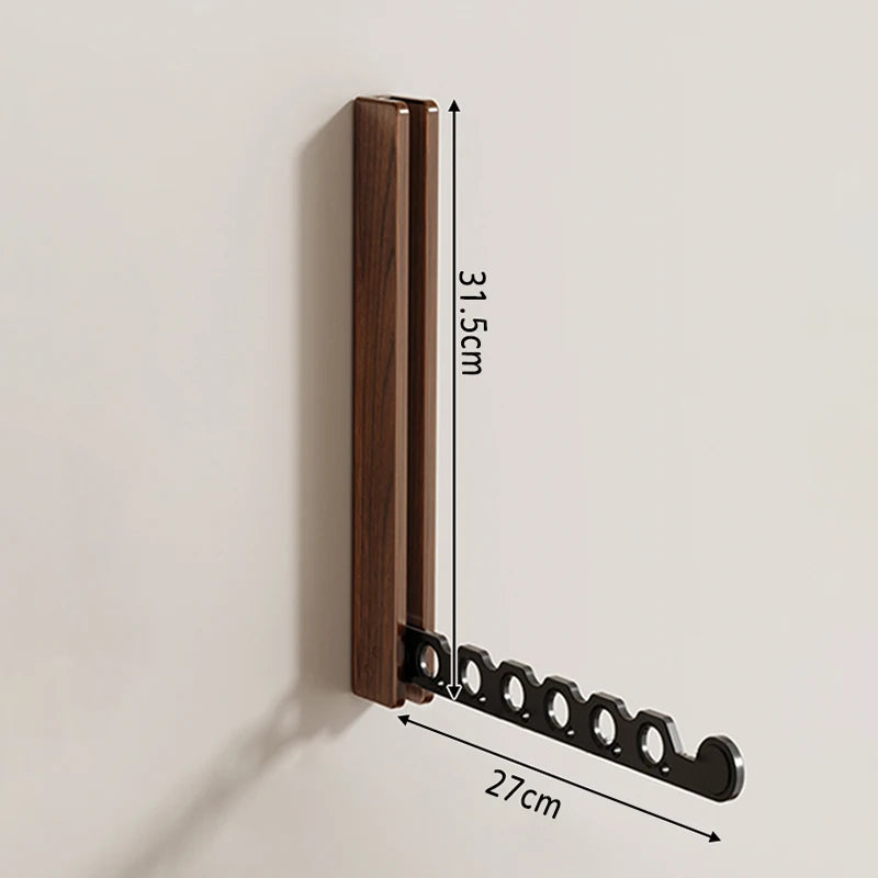 Walnut Wood Wall-Mounted Foldable Clothes Drying Rack with Windproof Hanger Slots for Bedroom, Laundry, or Balcony