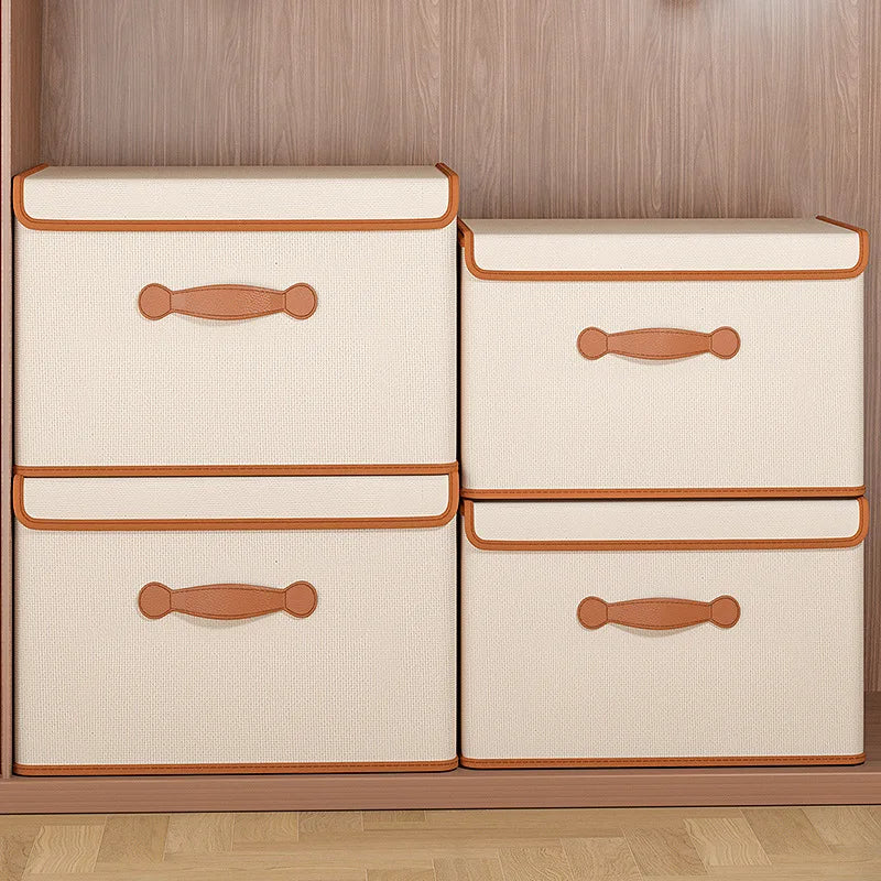 Beige Foldable Lidded Clothes Storage Box – Non-Woven Closet Organizer Bin for Wardrobe, Underwear, and Blankets
