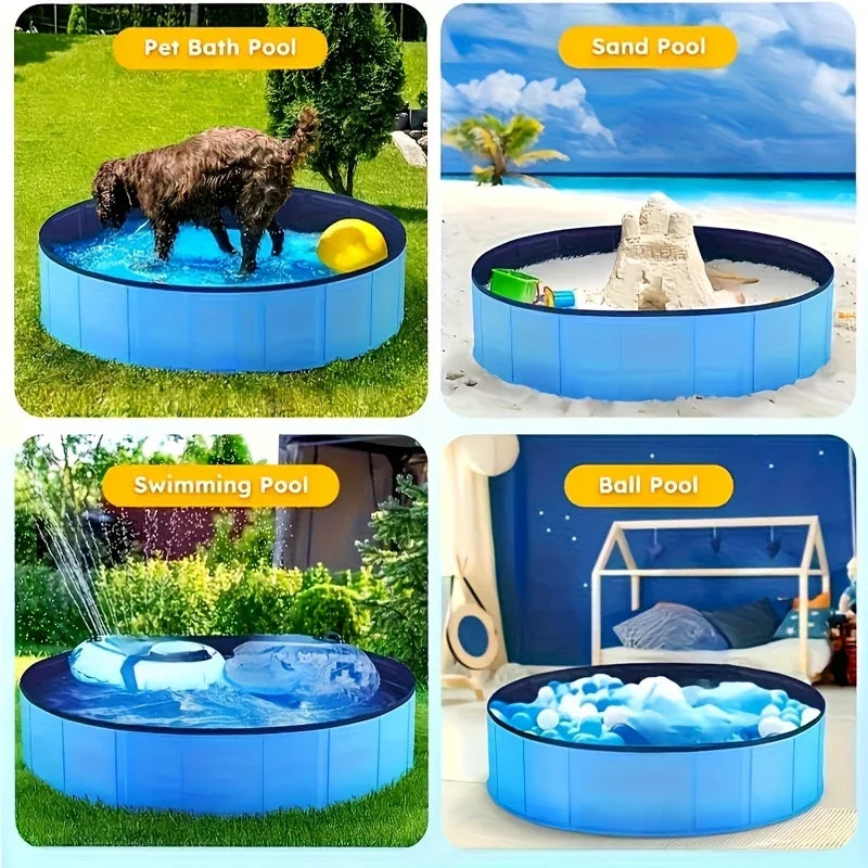 Collapsible blue dog bath tub shown used as pet bath pool, sand pool, swimming pool, and ball pool