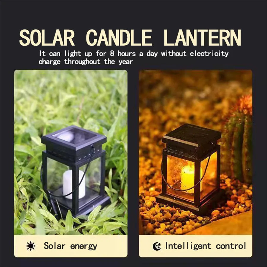 Solar candle lantern shown charging by day and glowing at night with product features