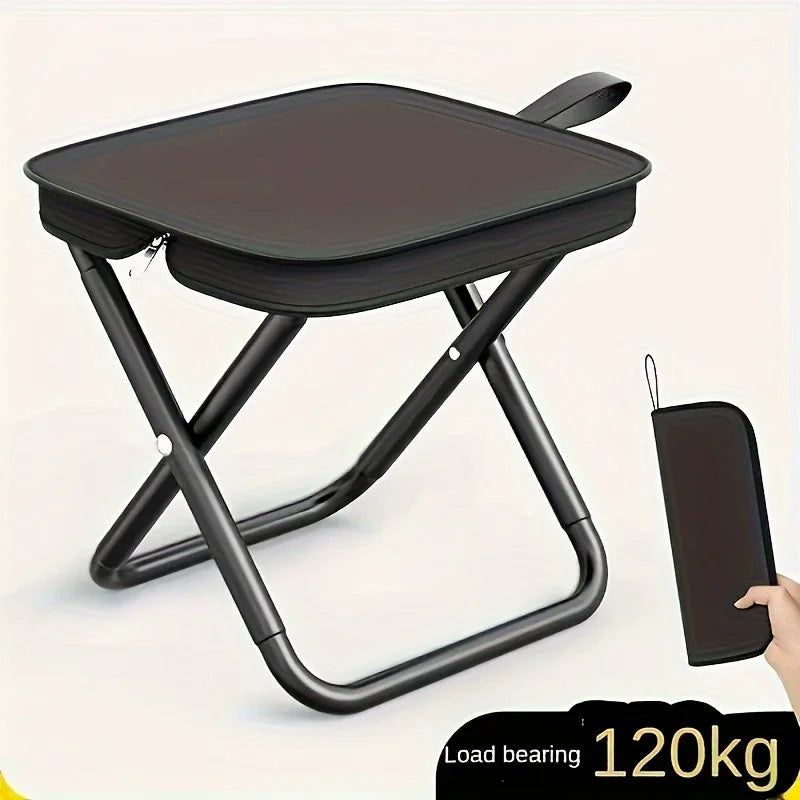 Black folding outdoor stool with handle, shown unfolded and folded, highlighting 120kg weight capacity