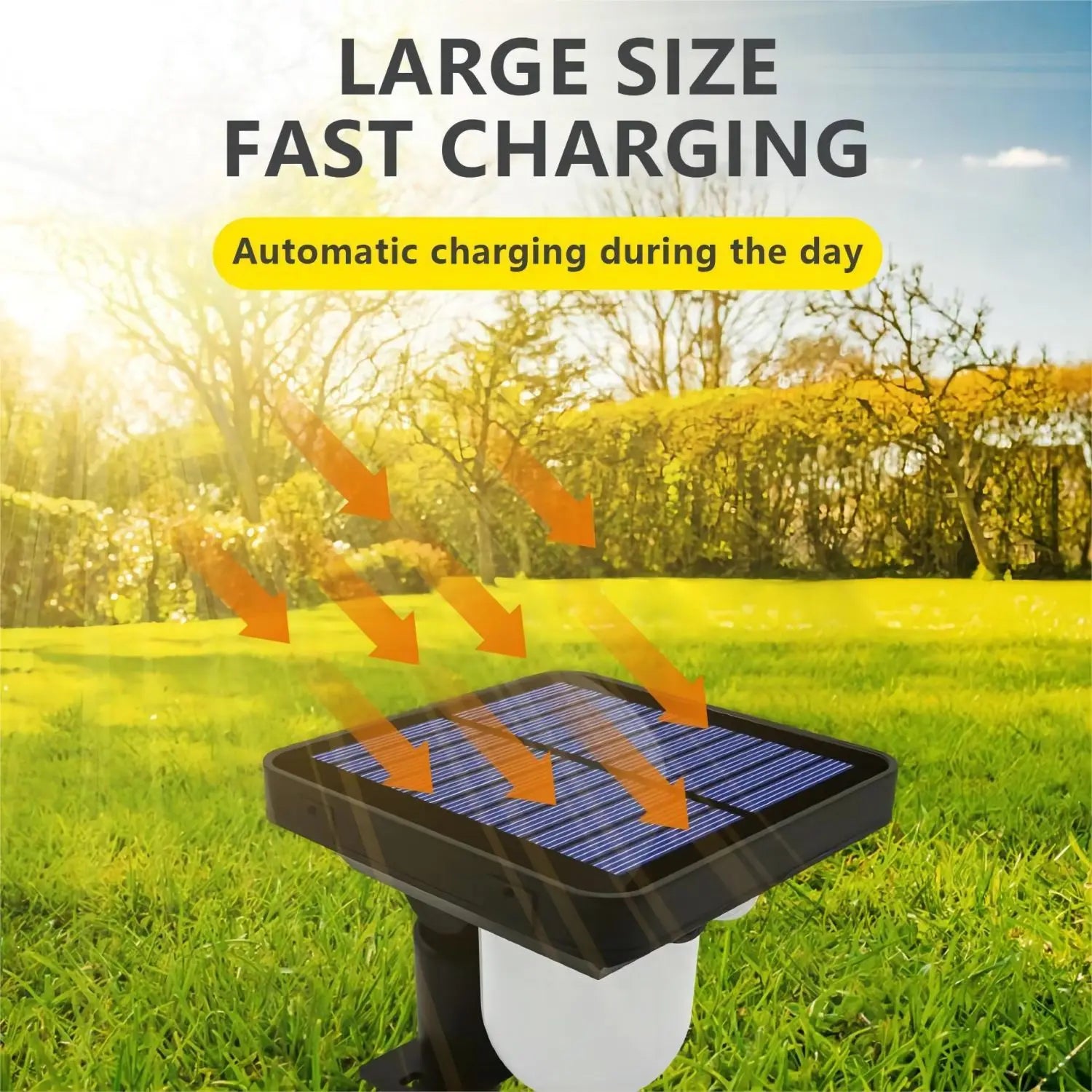 Solar-powered pathway light showing fast charging via sunlight in a grassy yard
