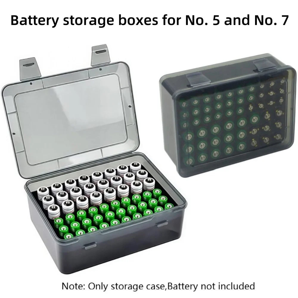 Two battery storage boxes, one open showing 54 organized AA and AAA batteries, transparent lid and black body