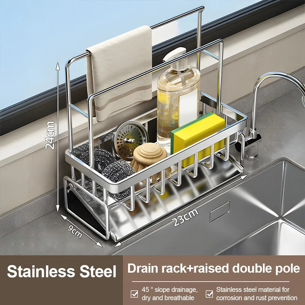 stainless steel sink drying rack with raised double pole style holding kitchen sponges, scrub brushes, dish soap, and a dishcloth on a kitchen counter next to a sink