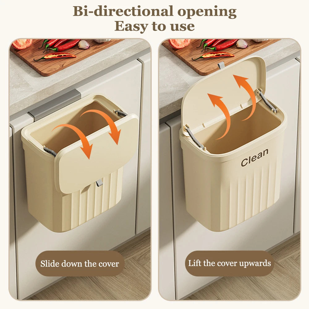 Bi-directional opening of hanging trash can cover, showing how the lid slides down or lifts upward for access