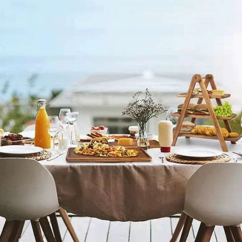 3-tier wood serving tray on a dining table set for breakfast or brunch