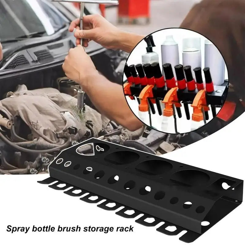 spray bottle brush storage rack shown near automotive tools and in use