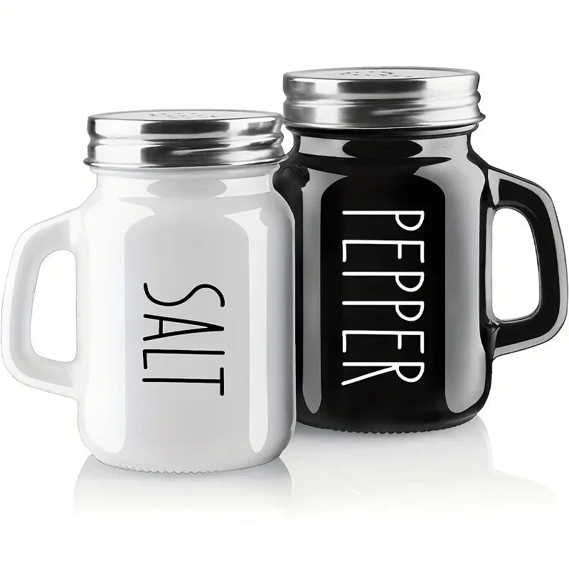 Black & White Vintage Glass Salt and Pepper Shaker Set with Handles for Everyday Kitchen Use