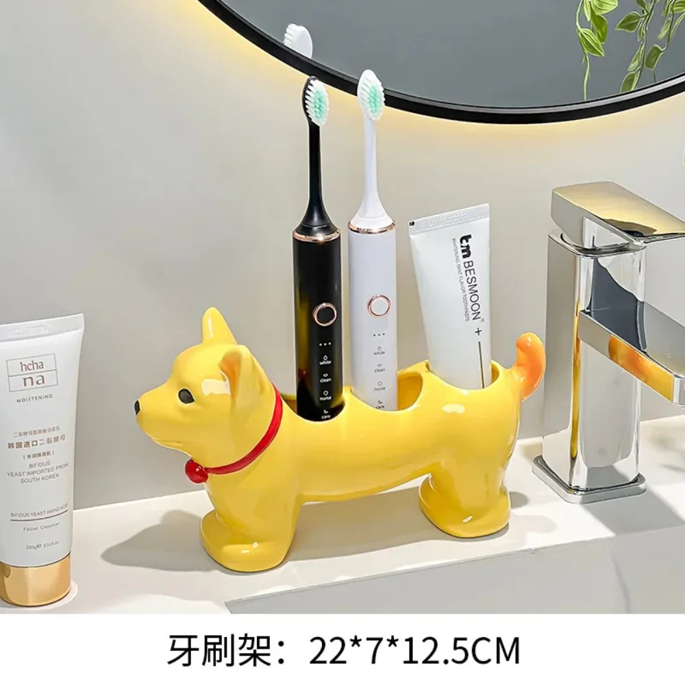 Dog-Shaped Ceramic Toothbrush Holder for Bathroom Counter