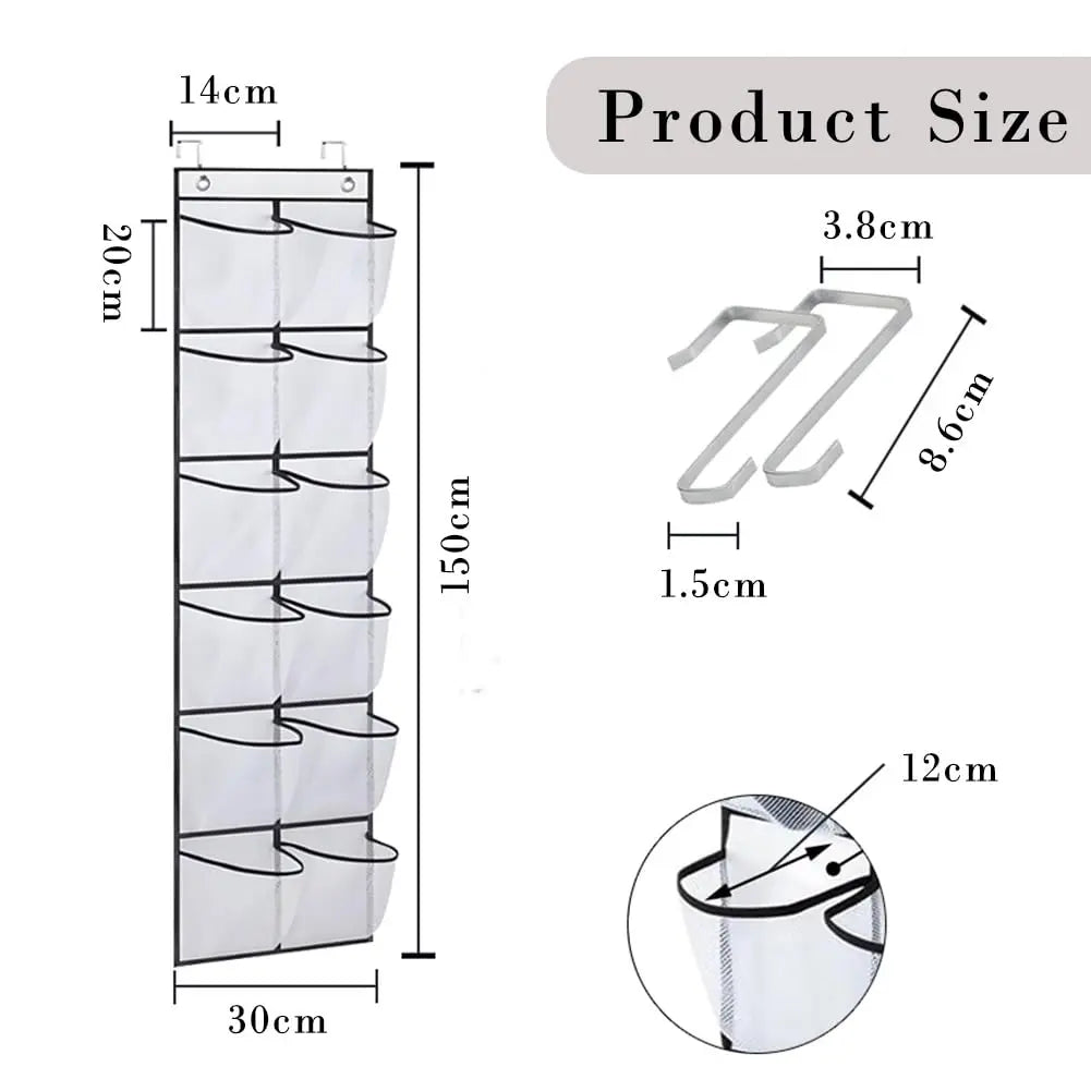 diagram with measurements and parts of the mesh pocket over-door shoe organizer and metal hooks
