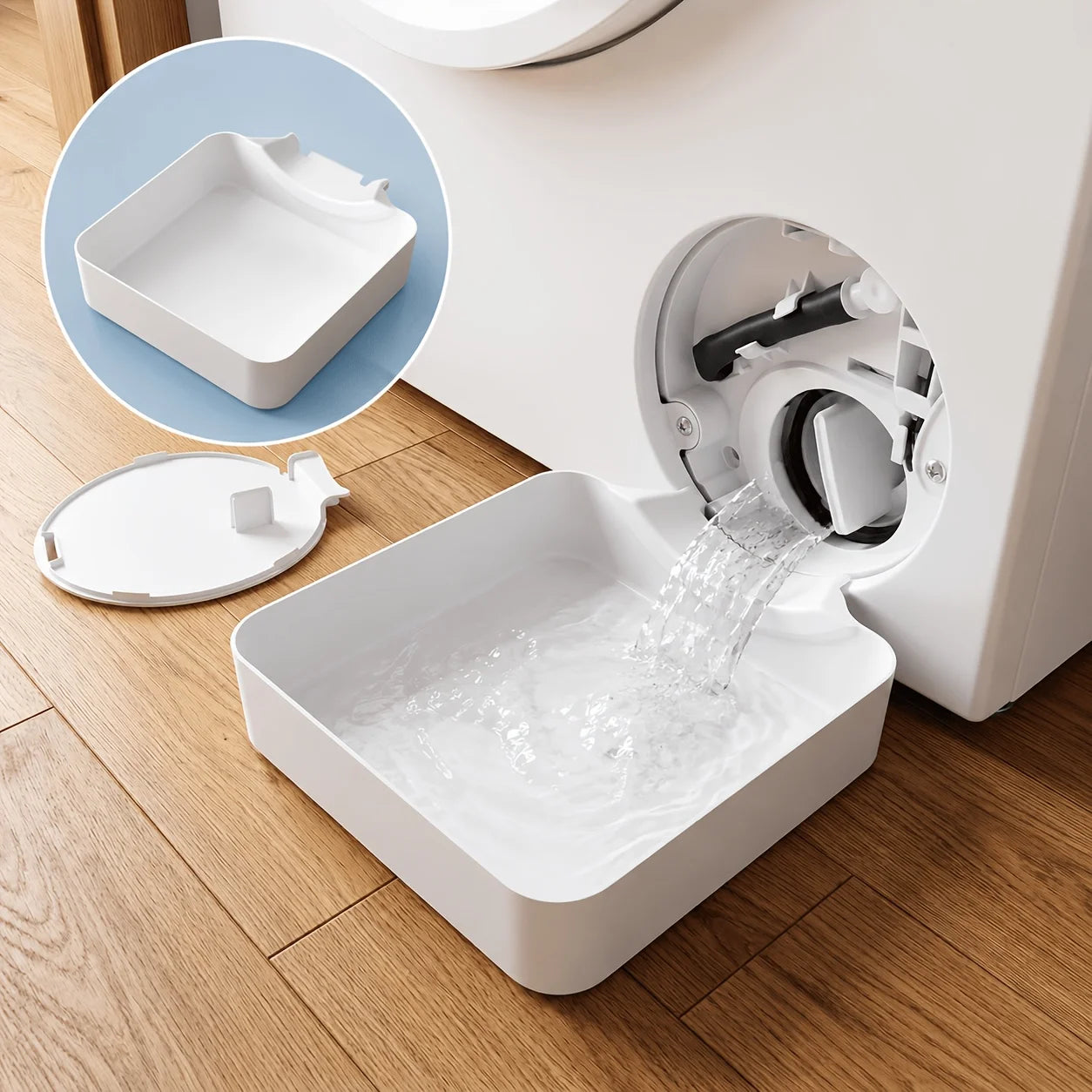 Washing machine drainage tray catching water under lint filter, white square tray shown in use and separately
