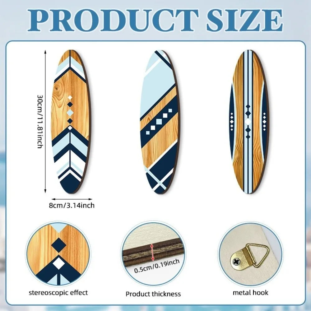 Makani Set of 3 Wooden Surfboard Wall Decor in Blue & Natural for Nautical Beach House Entryway or Bathroom