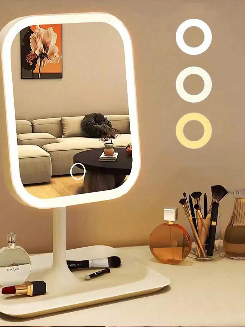LED vanity makeup mirror in white on a desk with makeup brushes and tray