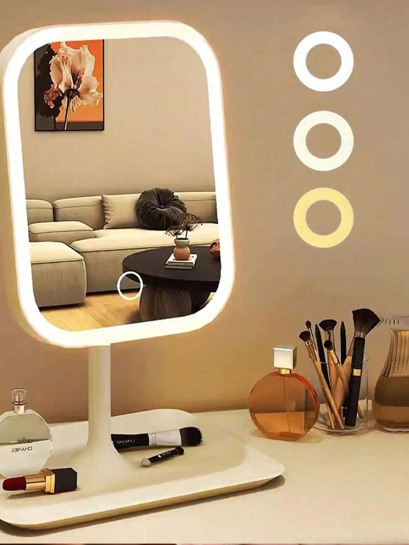 LED vanity makeup mirror in white on a desk with makeup brushes and tray