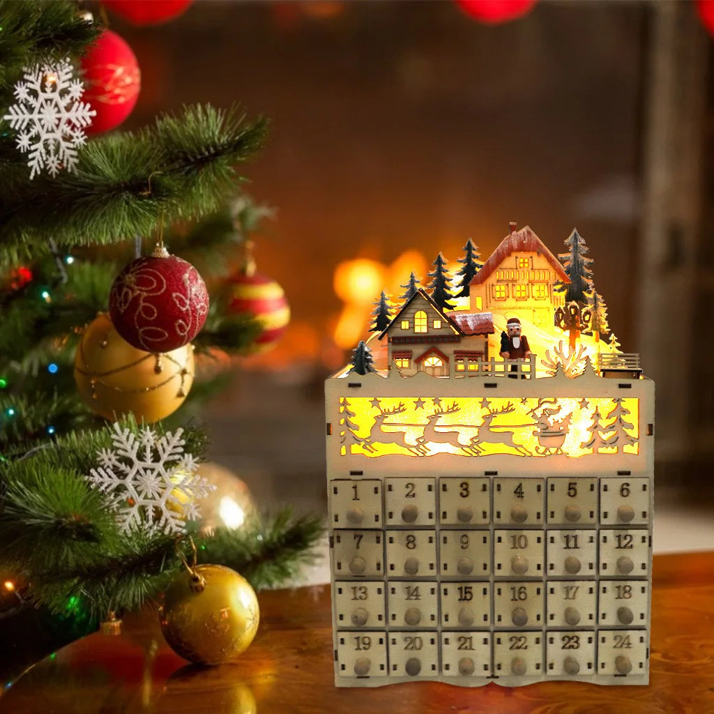 wooden LED Advent calendar on living room table beside a decorated Christmas tree