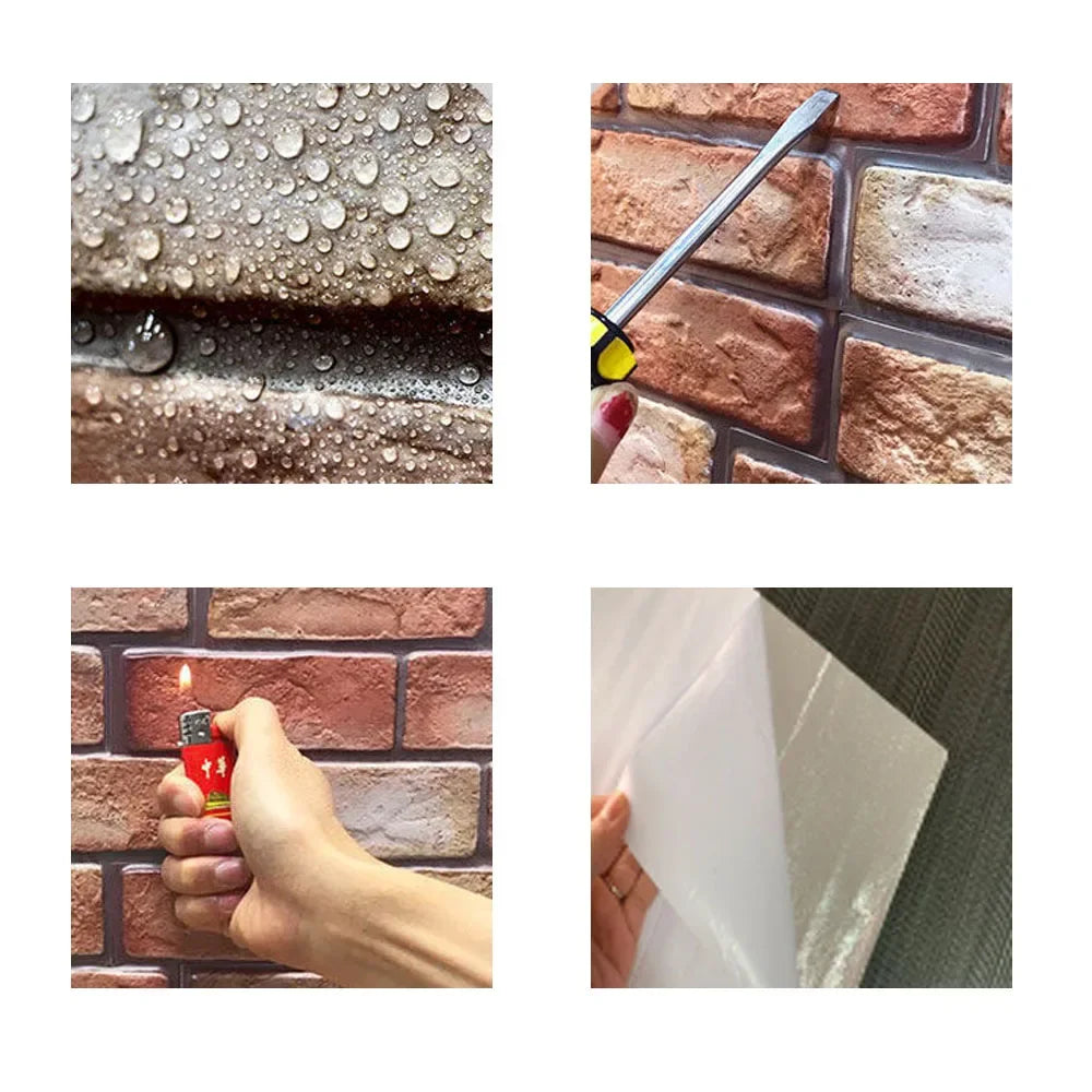 Close-up grid showing water droplets, tool, flame, and backing removal from brick wall panels