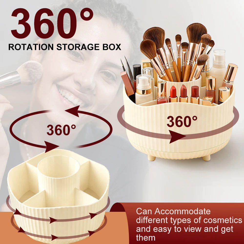 Cream rotating makeup organizer showing 360-degree turn feature and compartments for beauty products