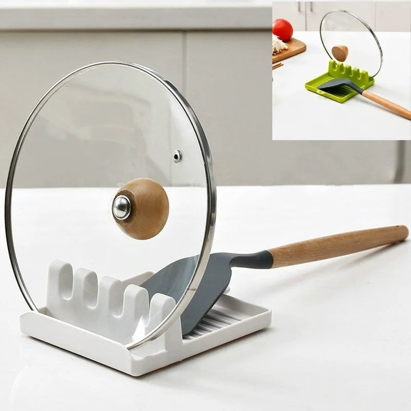 White kitchen spoon and lid rest holding a spatula and pot lid on a countertop, with inset of green version