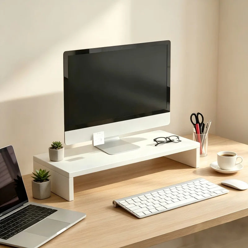White wooden monitor riser stand on a home office desk with keyboard storage and accessories.